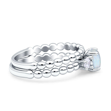 Three Stone Two Piece Bridal Wedding Beaded Ring Round Lab Created White Opal 925 Sterling Silver Wholesale